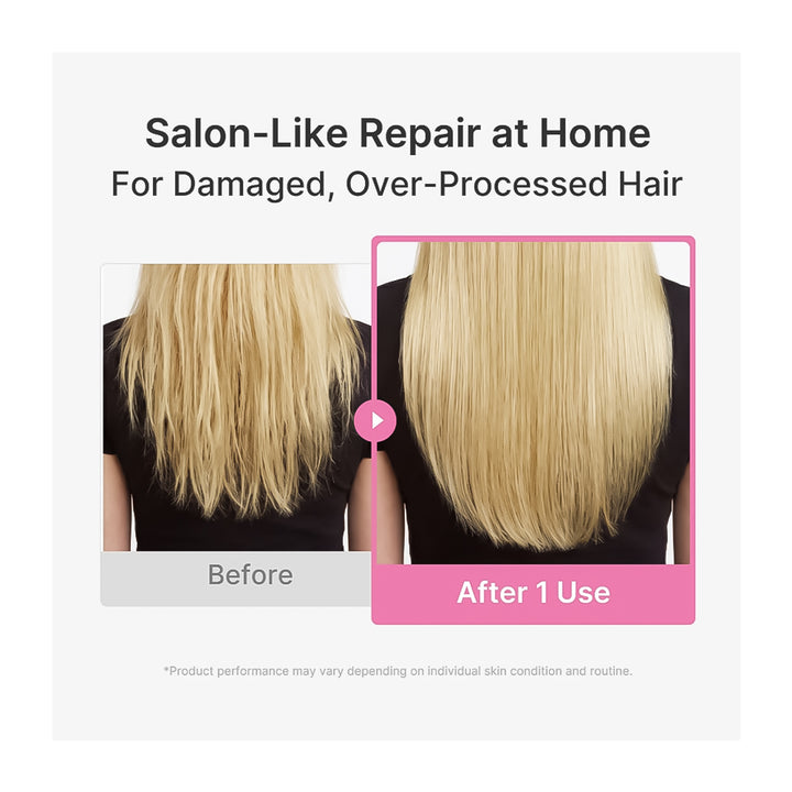 Promotional graphic for a hair repair product showing a before-and-after comparison of blonde hair. The left side shows dry, frizzy hair labeled &