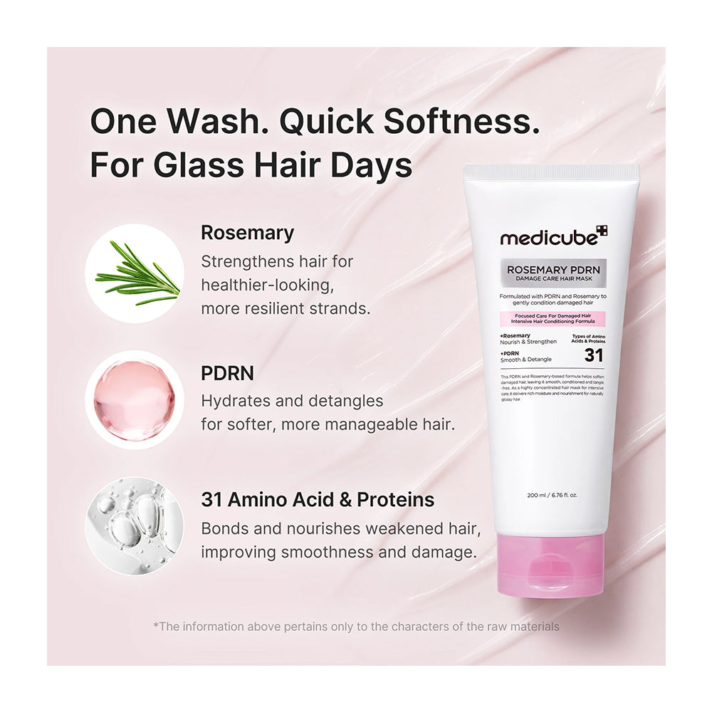 Medicube Rosemary PORN Quick Repair Hair Mask in a white squeeze tube with a pink cap, set against a light pink background with product benefits listed on the left.