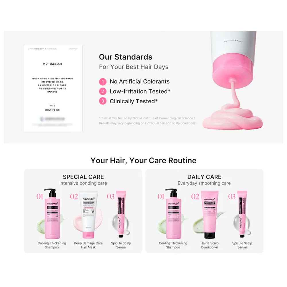 Promotional graphic for a hair care set showing a white and pink squeeze bottle dispensing pink shampoo, alongside a document and three smaller product bottles labeled for special care and daily care routines.