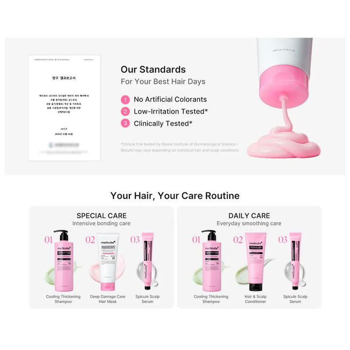 Promotional graphic for a hair care set showing a white and pink squeeze bottle dispensing pink shampoo, alongside a document and three smaller product bottles labeled for special care and daily care routines.