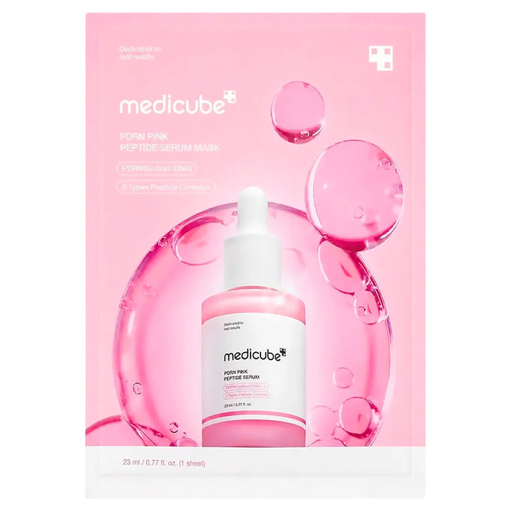 Medicube Form Pink Peptide Serum Mask sheet packaging, featuring a pink background with translucent bubble graphics and a central depiction of the pink serum bottle with a white dropper.