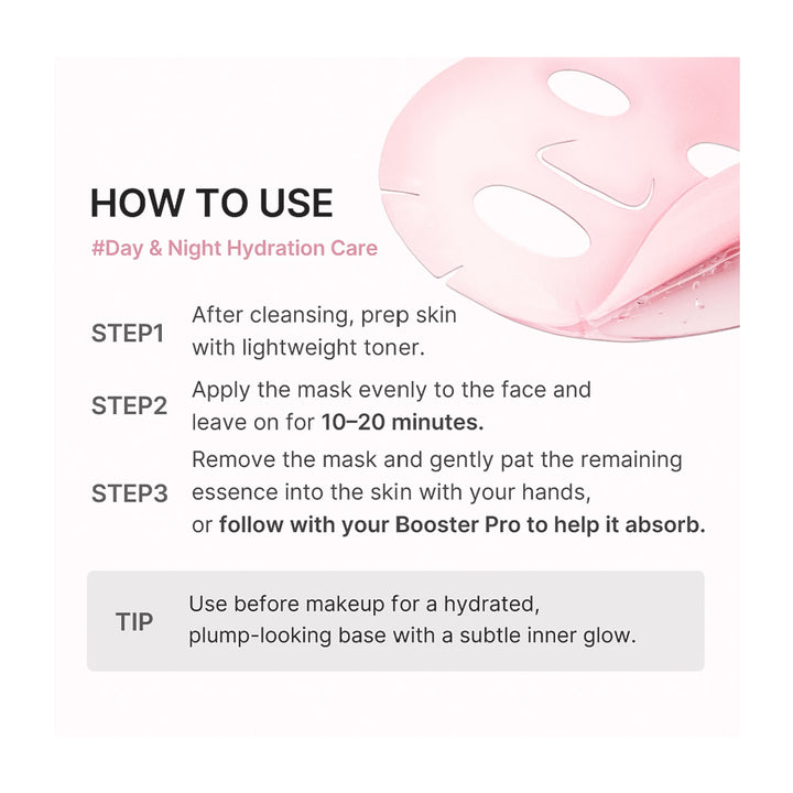 Instruction graphic for a pink sheet mask showing how to use it in three steps with text instructions and a tip, on a white background.