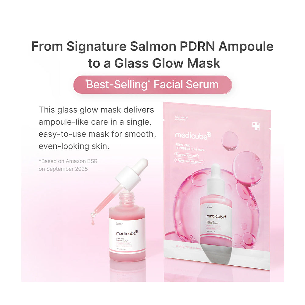 Promotional product graphic for a Medikube facial serum showing a pink serum bottle with a dropper and a pink sachet package, with headline text about salmon PDRN ampoule to glass glow mask.