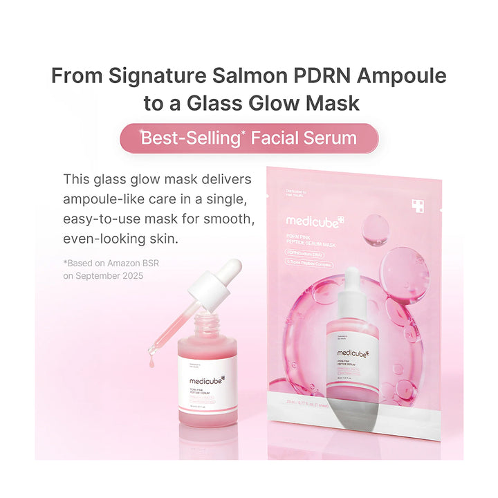 Promotional product graphic for a Medikube facial serum showing a pink serum bottle with a dropper and a pink sachet package, with headline text about salmon PDRN ampoule to glass glow mask.
