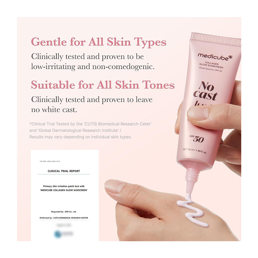 A hand holding a pink Medicube No Cast Liquid Sunscreen SPF 50 tube, dispensing white cream onto a surface against a pale pink background with marketing text about gentle use and suitability for all skin types.