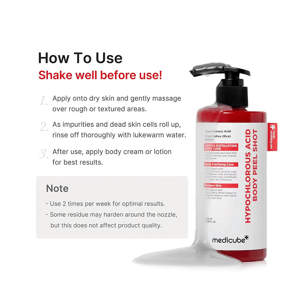Medicube body peel shot bottle with usage instructions on a white background