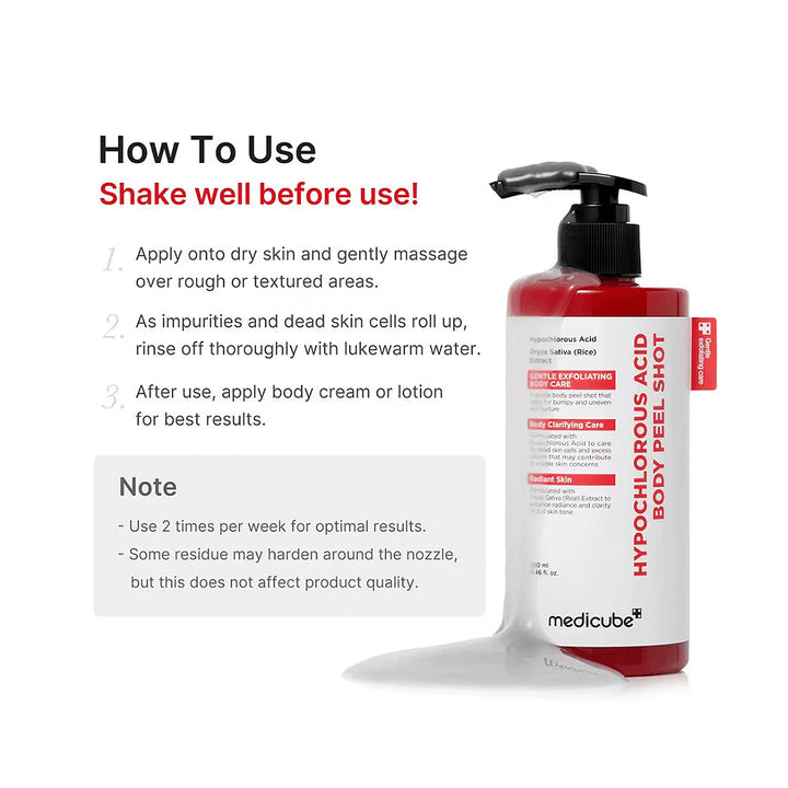 Medicube body peel shot bottle with usage instructions on a white background