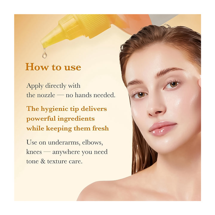 Product packaging with text on how to use and a close-up of a person&