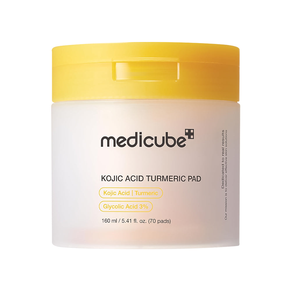 Medicube Kojic Acid Turmeric Pad container with yellow lid on a white background