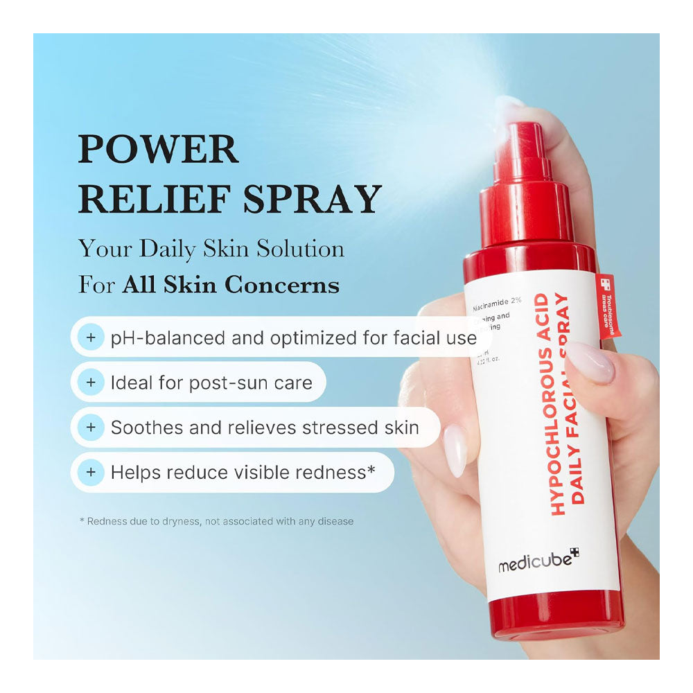 Medicube Power Relief Spray with text on a blue background
