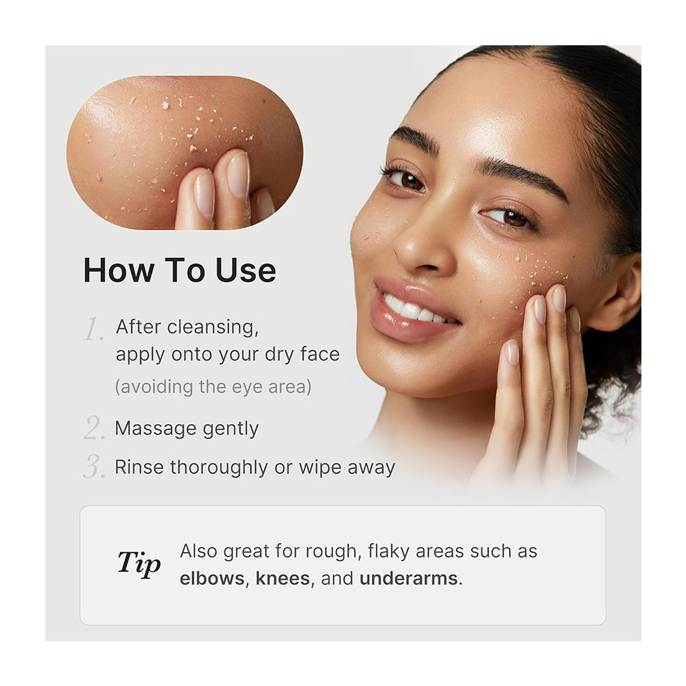 Instructions on how to use a skincare product with a woman applying it to her face.