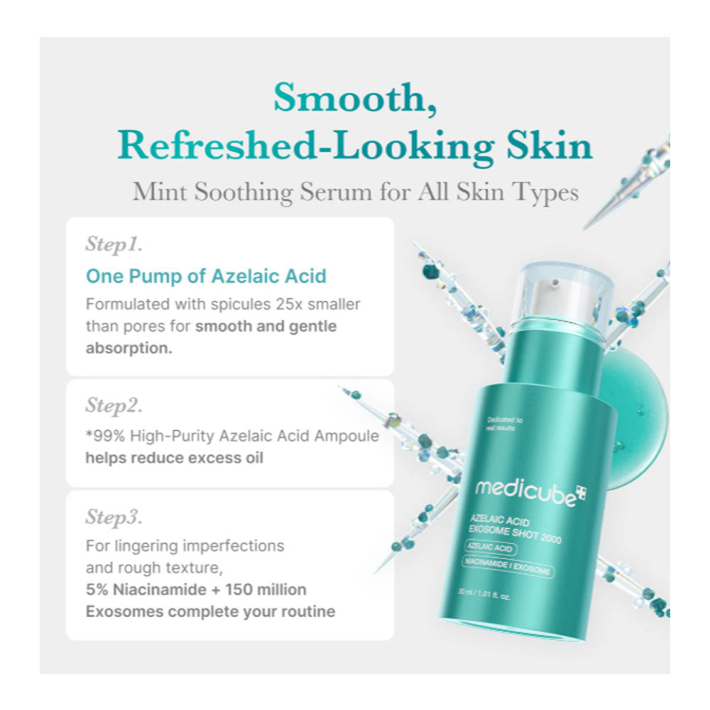 Teal skincare serum bottle with product description on a light gray background