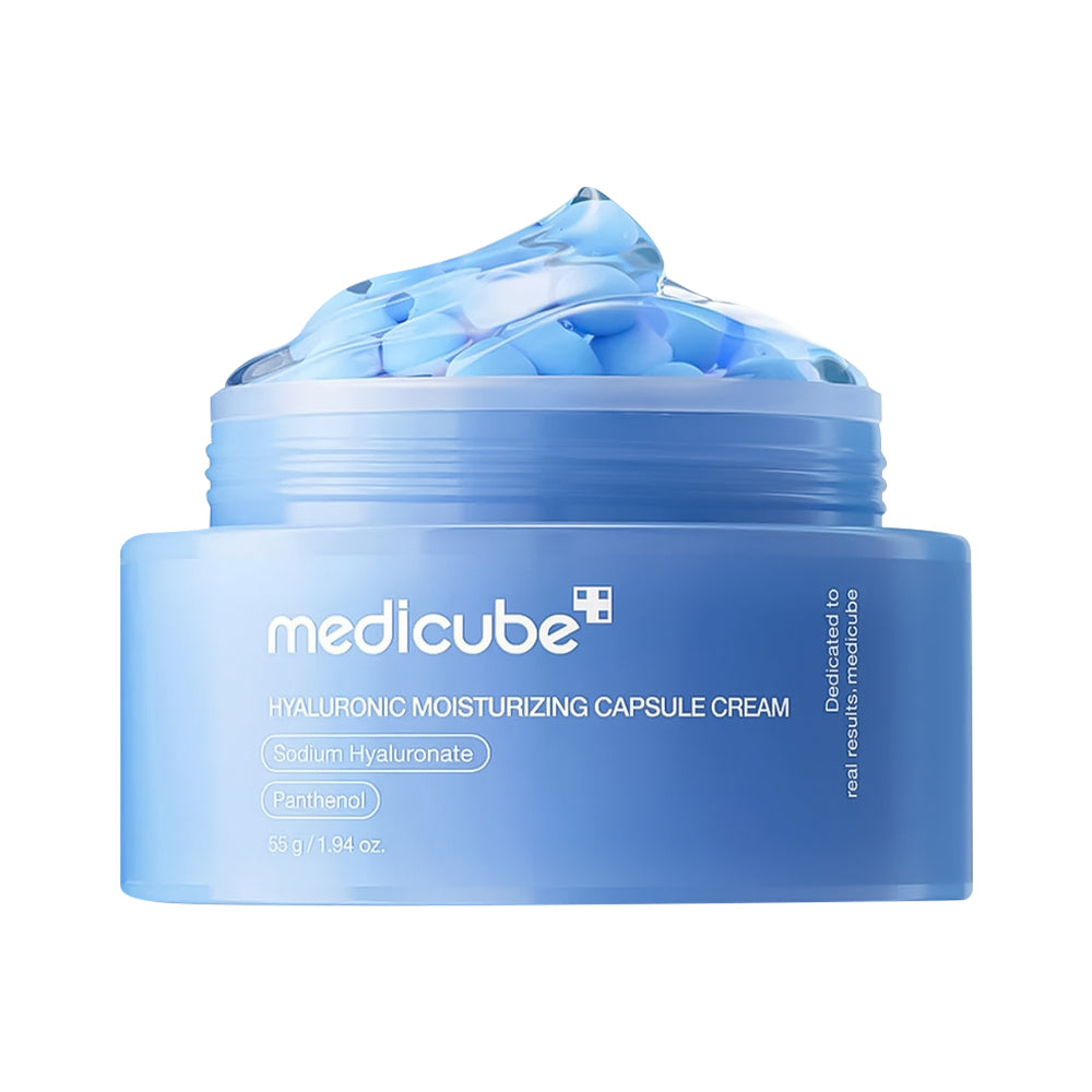 Blue jar of Medicube hyaluronic moisturizing capsule cream on a white background