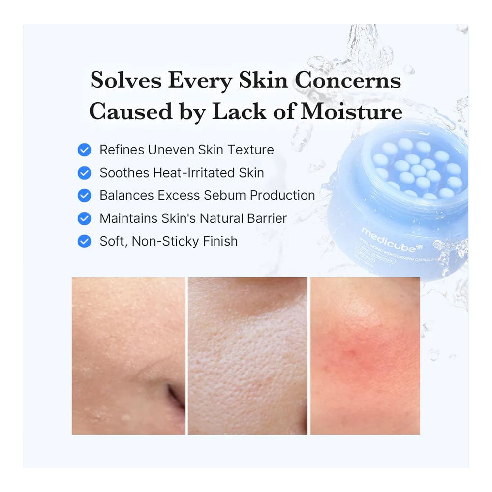 Product packaging with text and images of skin before and after use, set against a white background.
