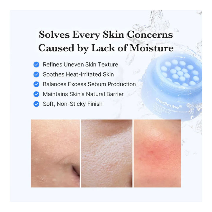 Product packaging with text and images of skin before and after use, set against a white background.