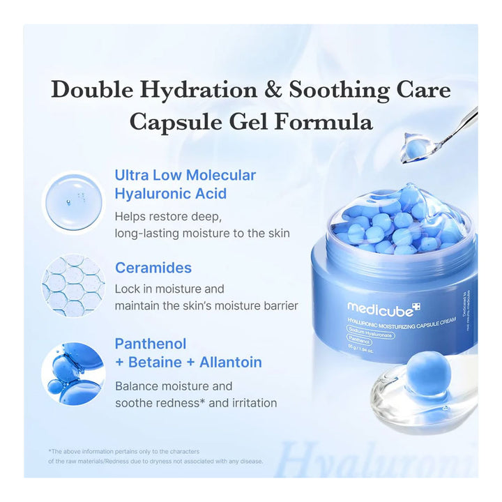 Advertisement for medicube Double Hydration &amp; Soothing Care Capsule Gel Formula with product image and benefits listed.