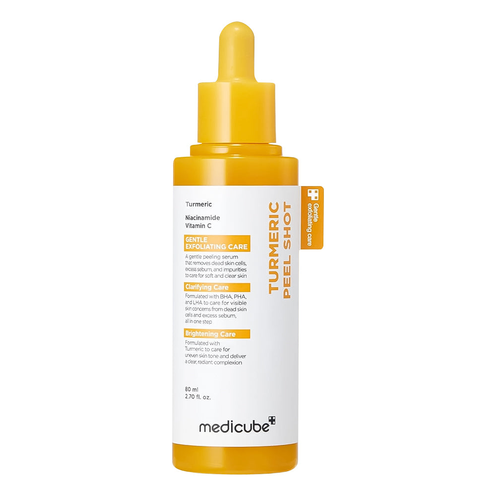 Medicube Turmeric Peel Shot skincare serum bottle with a yellow dropper cap and white label, shown on a clean white background.