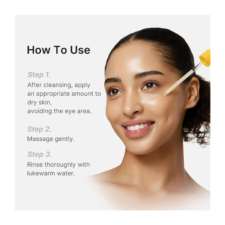 Instructional graphic showing how to use a skincare dropper on a woman&