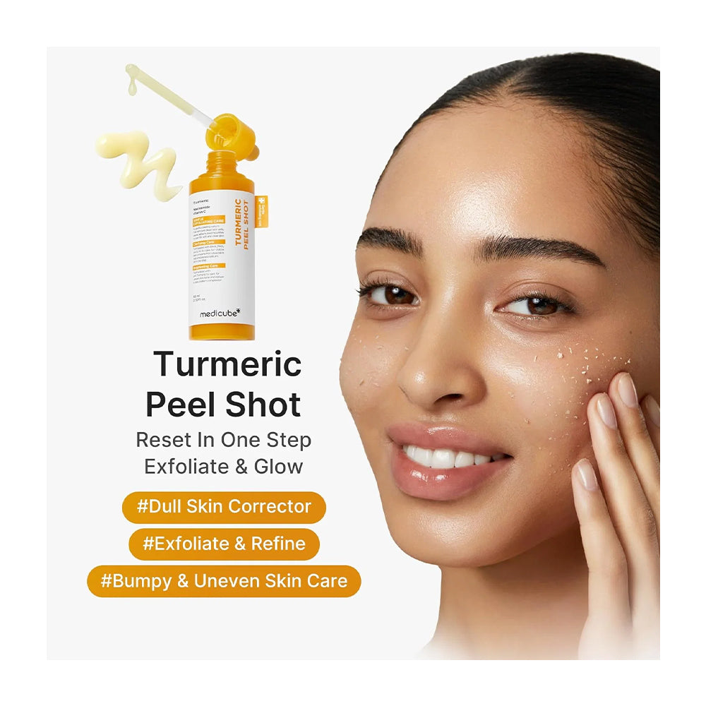Promotional graphic for a 'Turmeric Peel Shot' skincare treatment. The left side features an illustration of the product bottle with a dropper and a swirl of yellow cream, alongside text describing its benefits.