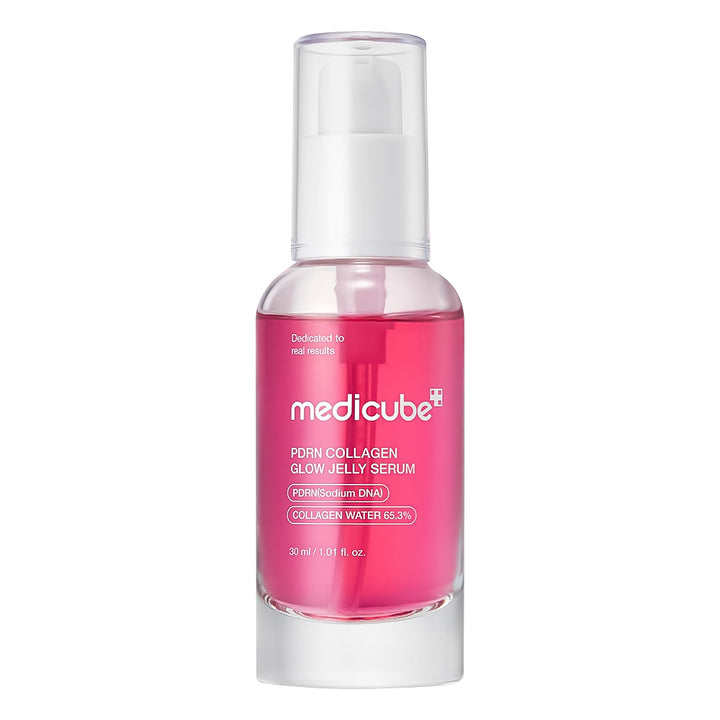Medicube PDRN Collagen Glow Jelly Serum in a clear glass bottle with a white pump dispenser, filled with vibrant pink gel, on a solid white background.