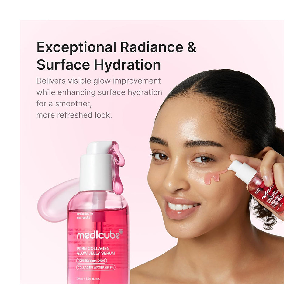 A woman applies a pink serum from a Medcube bottle to her cheek against a light pink background with promotional text about radiant surface hydration.