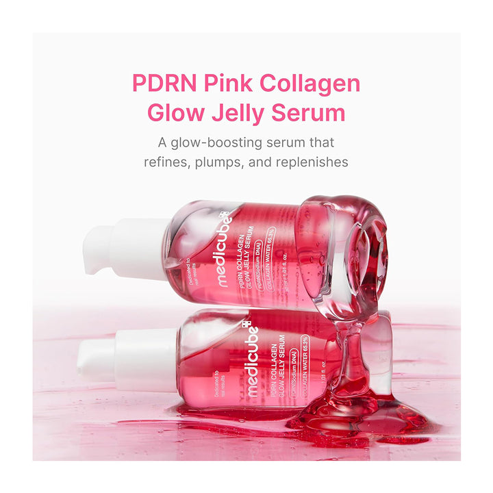Two bottles of medluce PDRN Pink Collagen Glow Jelly Serum are shown on a glossy pink surface, with one bottle lying on its side and the other upright, with pink gel dripping from the open bottle. Text above reads &