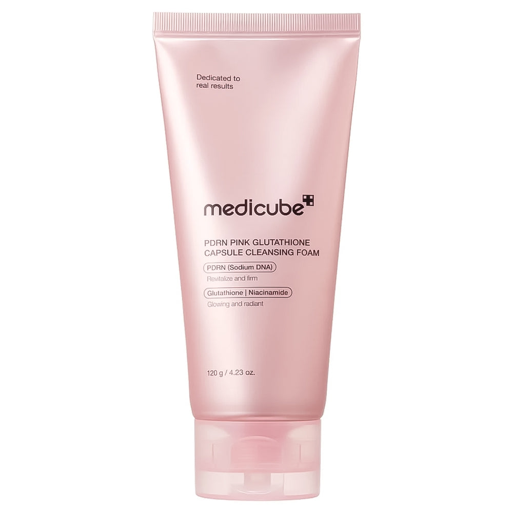 A pink squeeze tube of medicube PDRN Pink Glutathione Capsule Cleansing Foam on a solid white background.