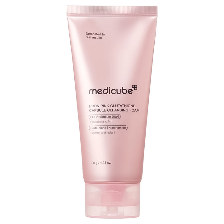 A pink squeeze tube of medicube PDRN Pink Glutathione Capsule Cleansing Foam on a solid white background.