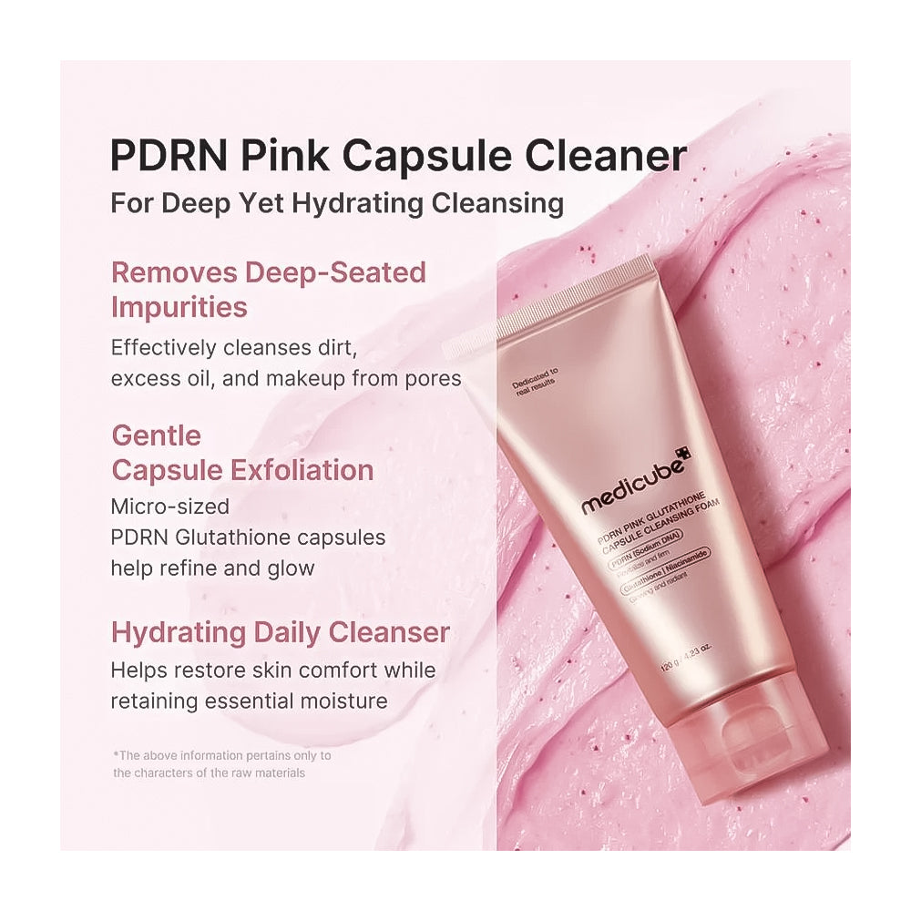 MediCube PDRN Pink Capsule Cleaner tube shown on a pink promotional graphic with text describing deep cleansing benefits.