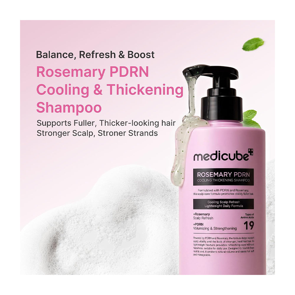 A pink pump bottle of medicube Rosemary PDRN Cooling & Thickening Shampoo shown on a pale pink background with promotional text and a white fluffy texture at the bottom.
