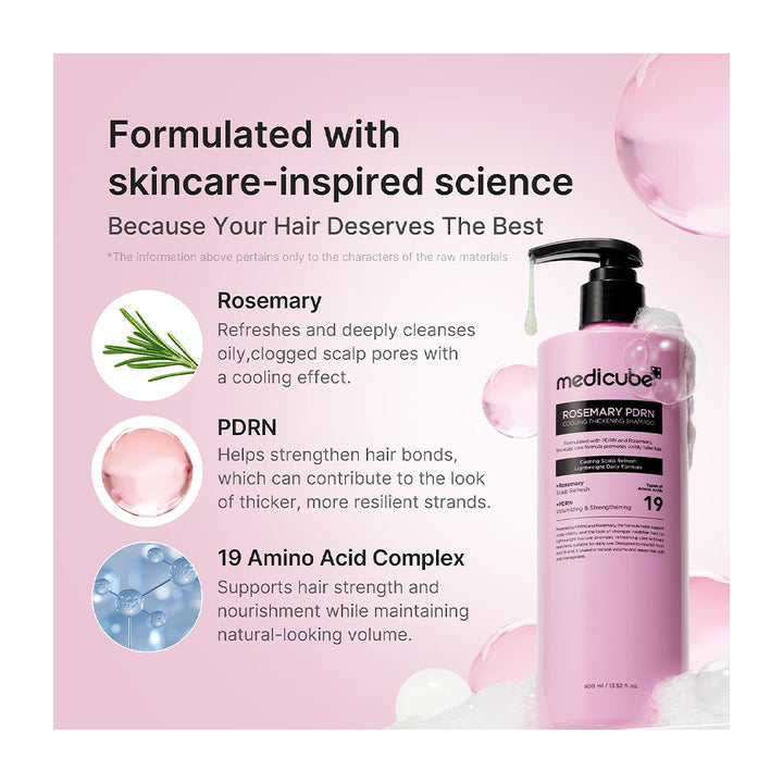 A pink bottle of medicube Rosemary Pore Cleansing Hair Mask with a black pump dispenser, shown on a light pink background with product feature callouts on the left side.