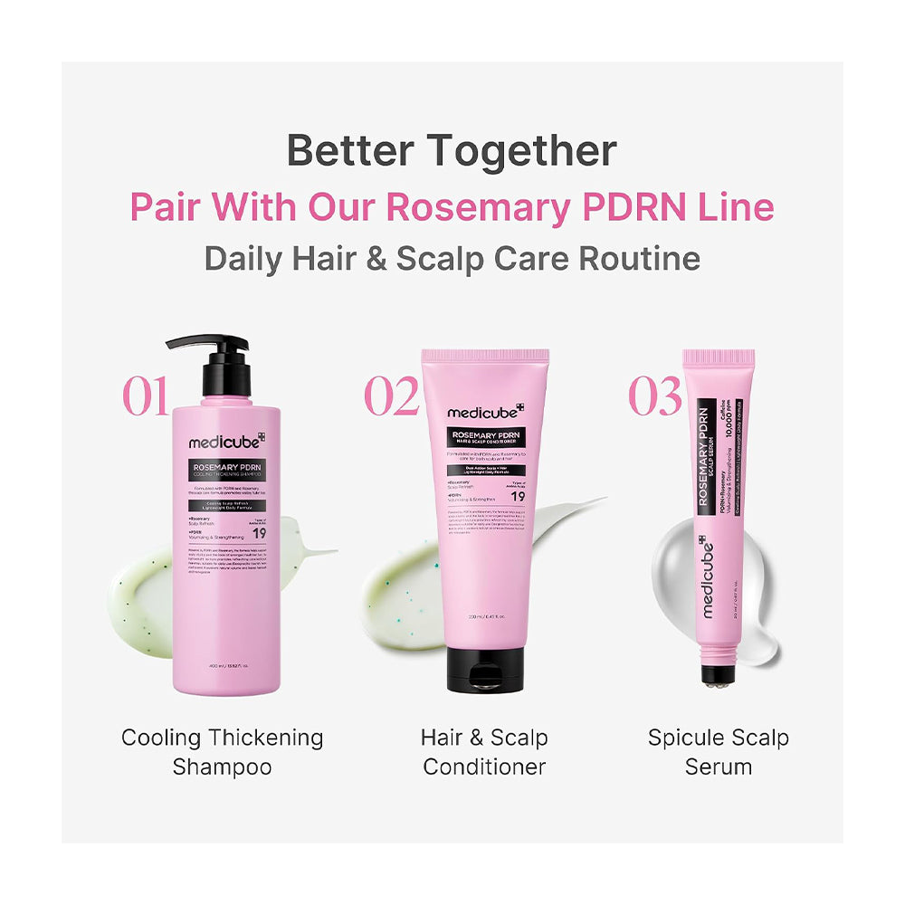 A promotional graphic for a hair and scalp care routine showing three pink MediCube products: Cooling Thickening Shampoo, Hair &amp; Scalp Conditioner, and Spicule Scalp Serum, with text reading &