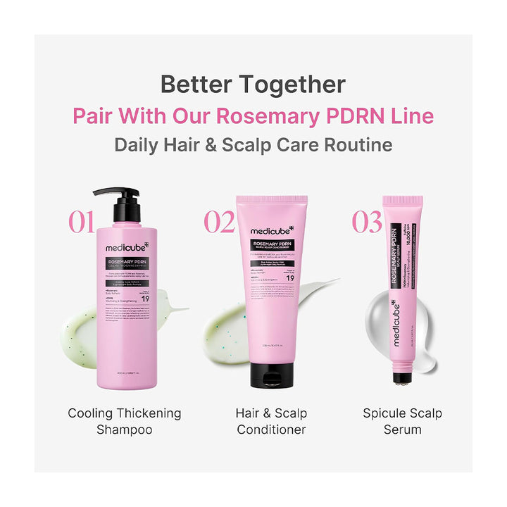 A promotional graphic for a hair and scalp care routine showing three pink MediCube products: Cooling Thickening Shampoo, Hair &amp; Scalp Conditioner, and Spicule Scalp Serum, with text reading &