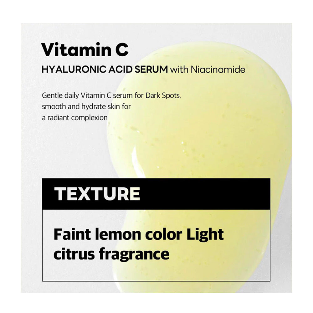 A product information card for a Vitamin C Hyaluronic Acid Serum. The card features a close-up texture swatch of the pale yellow serum in the upper right, with descriptive text on a light gray background.