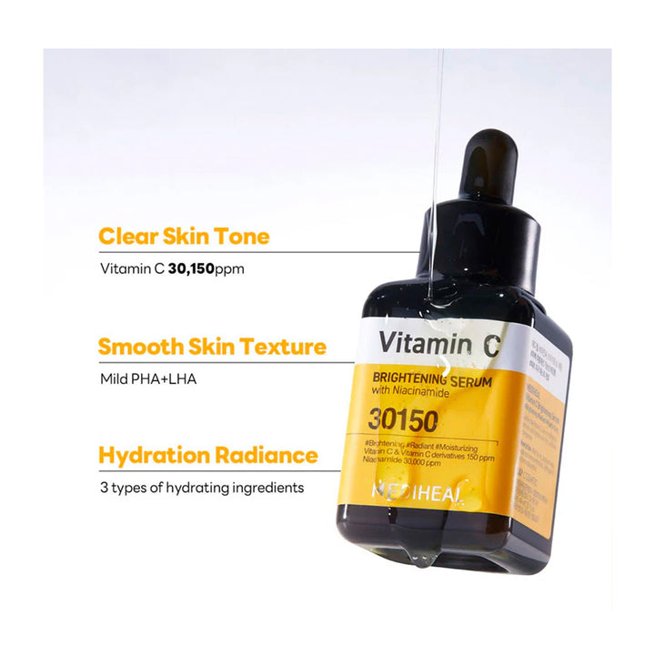 A bottle of Kveheal Vitamin C Brightening Serum with a black dropper cap and a yellow label, shown next to marketing text highlighting clear skin tone, smooth skin texture, and hydration radiance.