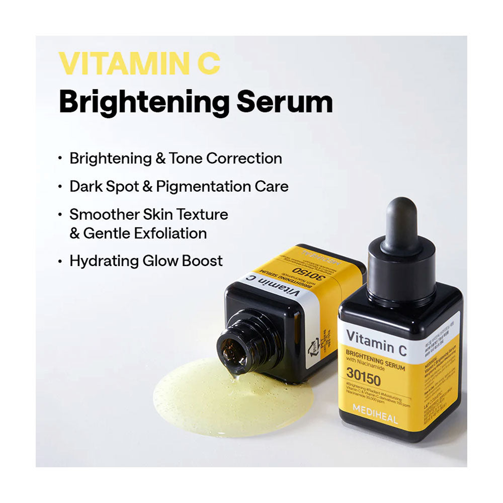 Vitamin C Brightening Serum by Dr. Canonical shown in two black dropper bottles with yellow labels, one lying down with pale yellow serum spilled below, on a white background with product benefits text.