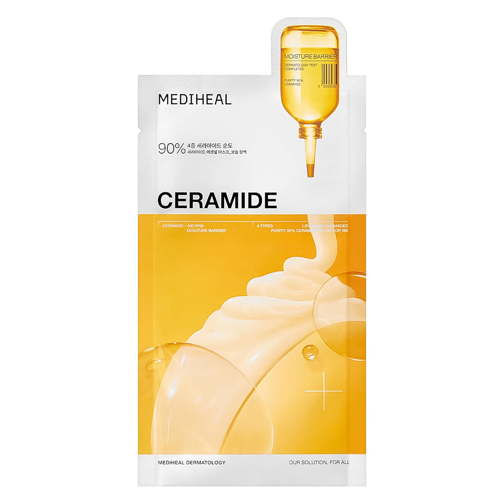 MEDIHEAL Ceramide Essential Mask Moisture Barrier sheet mask pouch, featuring a white and yellow-orange design with an illustration of a golden honey dropper and cream-colored serum splash.