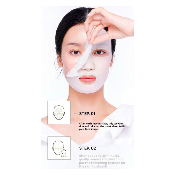 A woman is shown applying or peeling a white sheet mask from her face, with instructional text and small diagram boxes explaining steps. Because a person is present, this is classified as Lifestyle rather than Instruction Diagram, even though there is explanatory text.