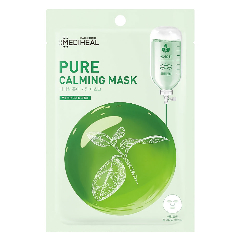 MEDIHEAL Pure Calming Mask in a light green resealable pouch with a large green leaf graphic and an illustration of a face mask sheet.