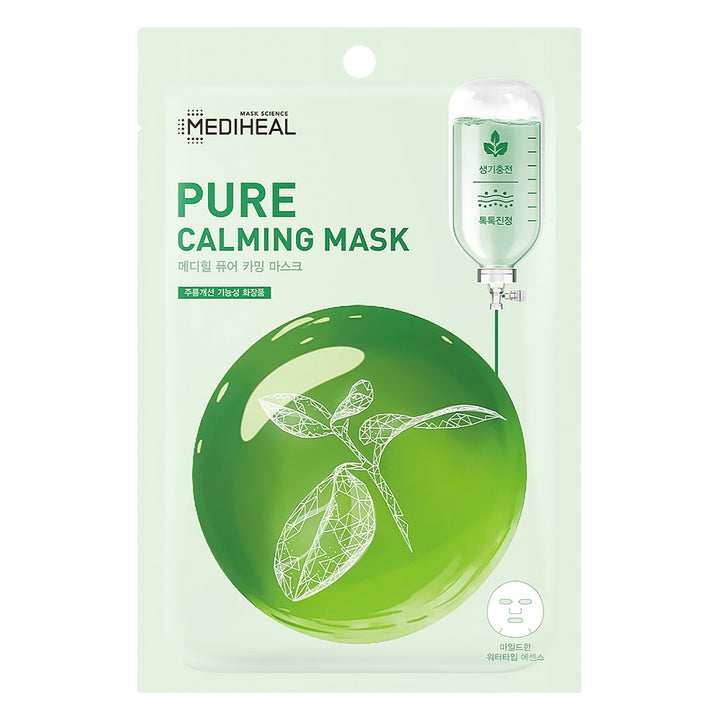 MEDIHEAL Pure Calming Mask in a light green resealable pouch with a large green leaf graphic and an illustration of a face mask sheet.