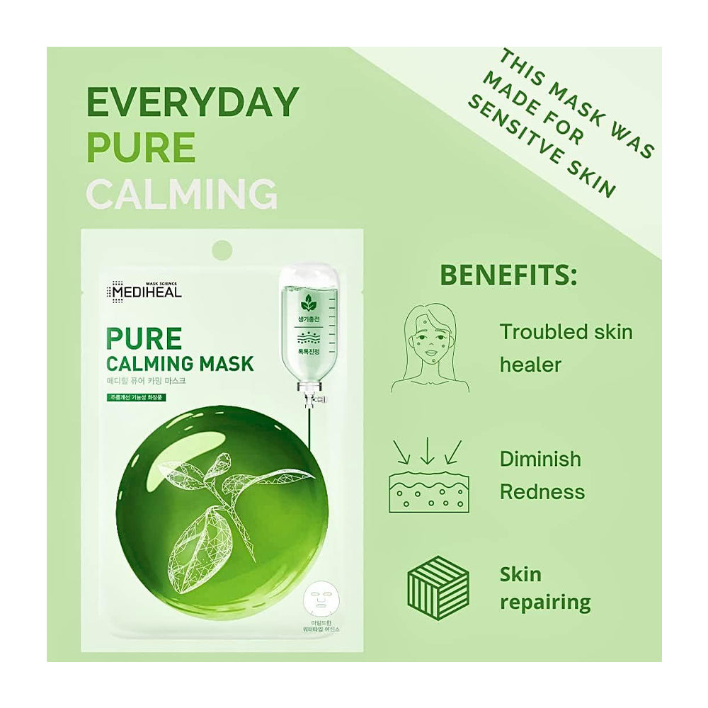 Mediheal Everyday Pure Calming Mask packaging and promotional graphic on a light green background, showing the sachet, a dropper illustration, and benefit text for sensitive skin.