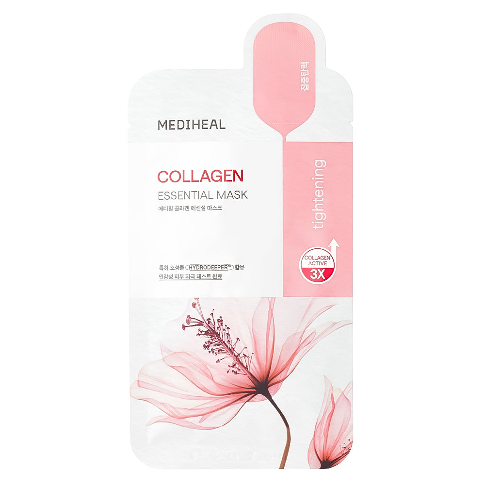 MEDIHEAL Collagen Essential Mask tightening sheet packaging, featuring a white and pink design with a pink flower illustration at the bottom.
