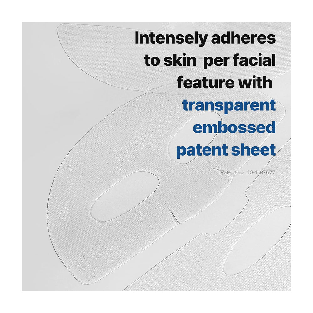 Transparent embossed patent sheet mask patches shown on a light gray background with descriptive text overlay.