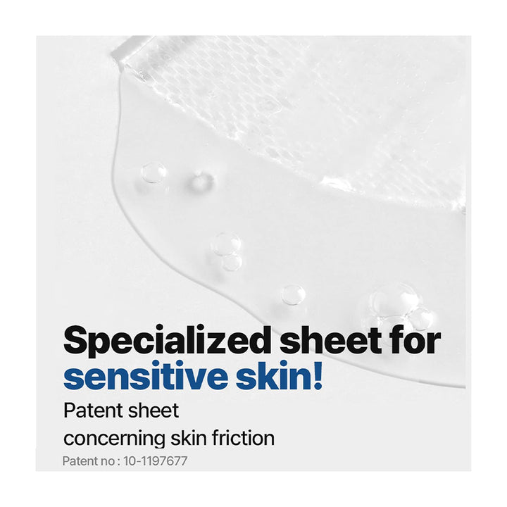 A close-up of a translucent, textured sheet with water droplets on a white background, with text reading &