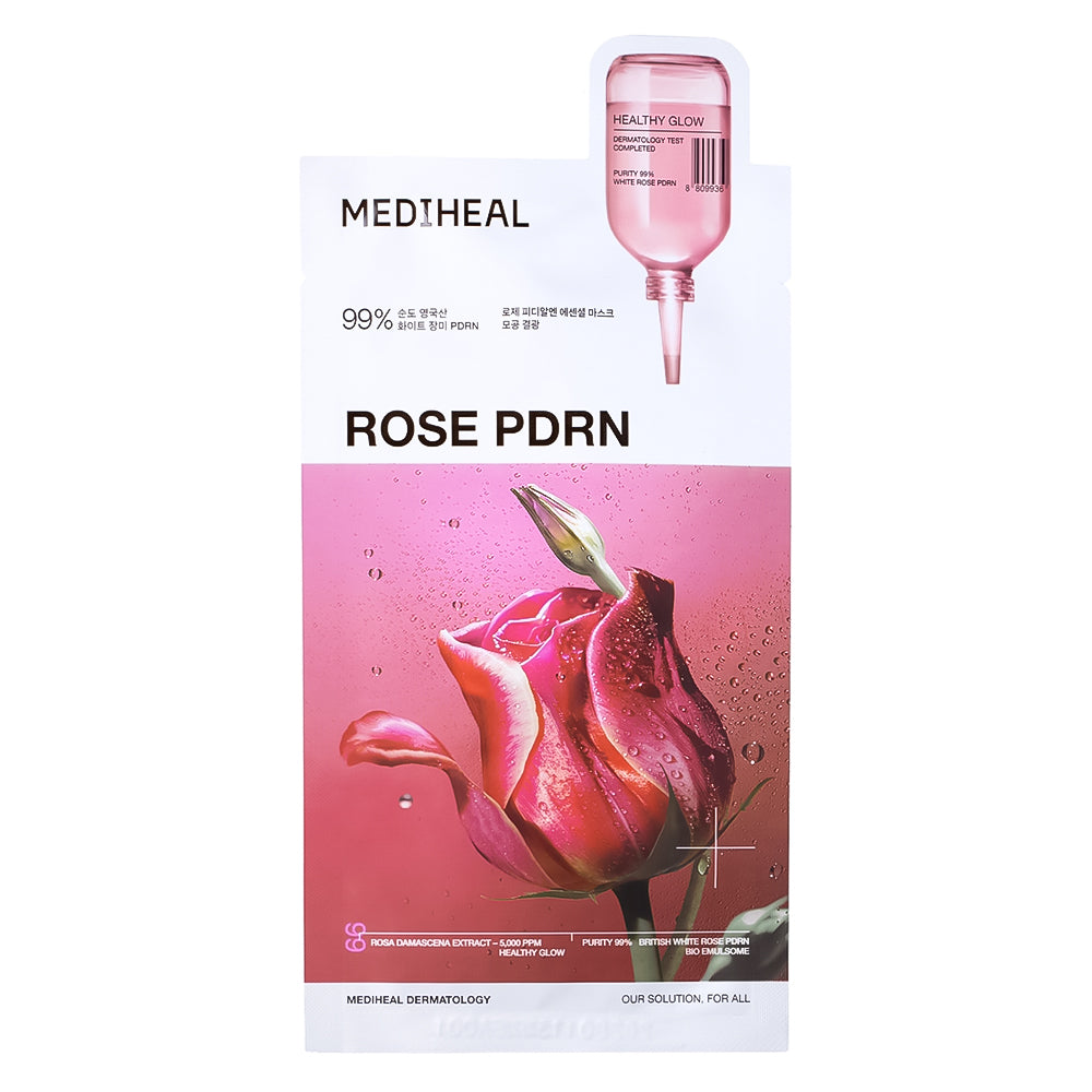 Mediheal Rose PDRN skincare pouch with a pink rose illustration and a small dropper bottle graphic at the top, shown on a plain white background.