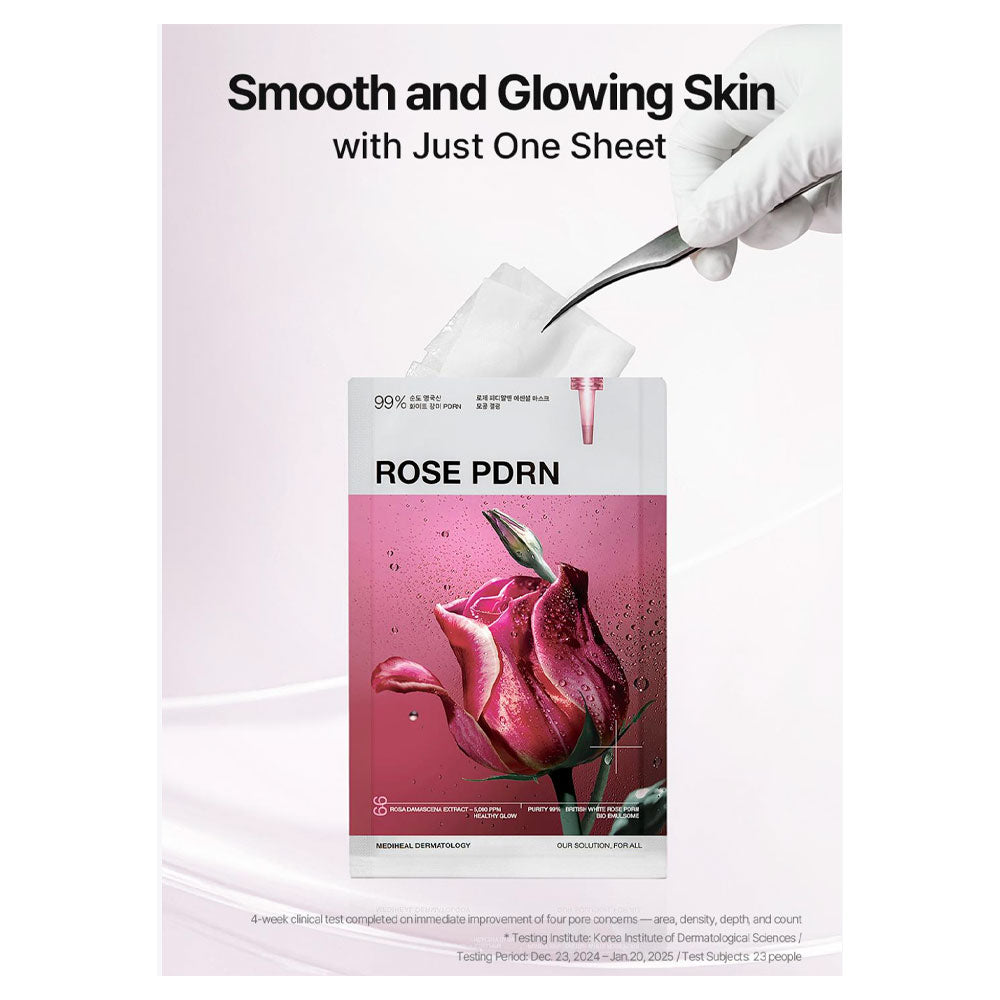 A beauty product package labeled ROSE PDRN is shown against a pale pink background, with a hand in a white glove holding a spatula above it. Large text at the top reads &