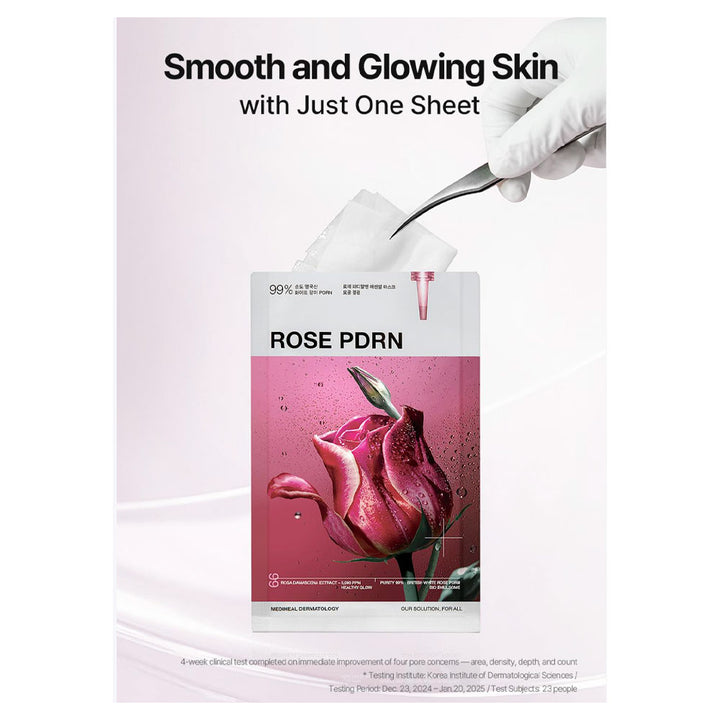 A beauty product package labeled ROSE PDRN is shown against a pale pink background, with a hand in a white glove holding a spatula above it. Large text at the top reads &