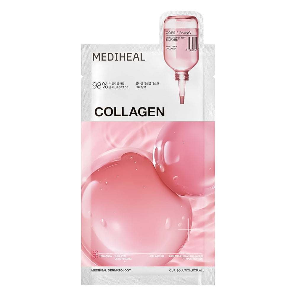Mediheal Collagen face mask packaging featuring a pink dropper bottle graphic and pink gel imagery on a white background.