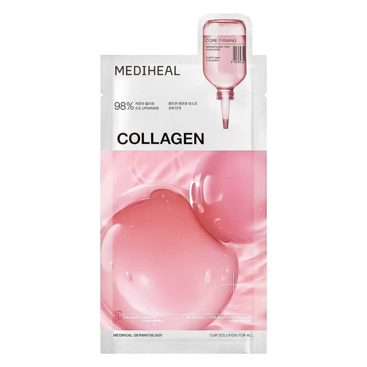Mediheal Collagen face mask packaging featuring a pink dropper bottle graphic and pink gel imagery on a white background.