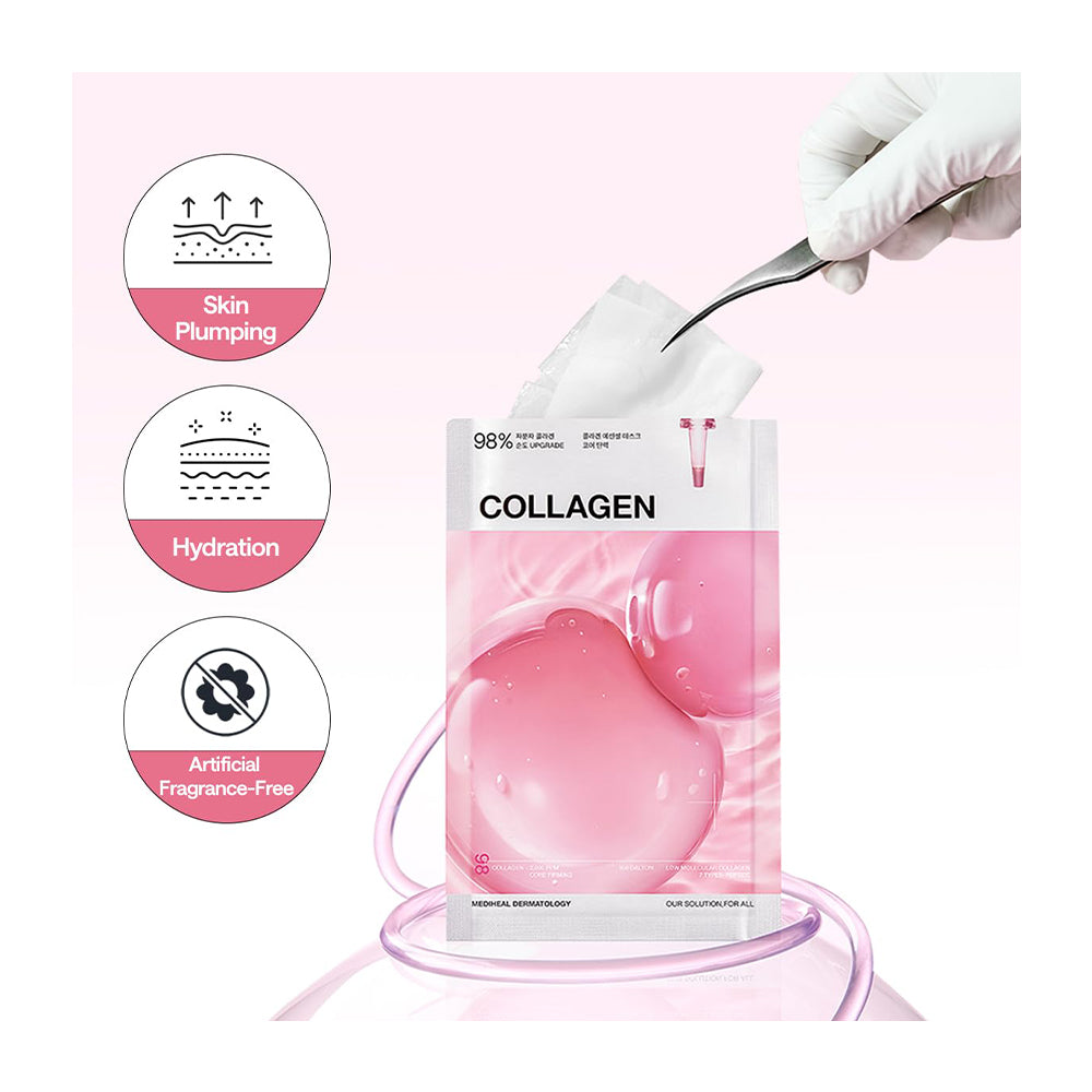 A pink collagen face mask packet shown on a pale pink background, with a gloved hand using tweezers to place a translucent pink mask onto skin. Three circular icons on the left highlight skin plumping, hydration, and artificial fragrance-free benefits.